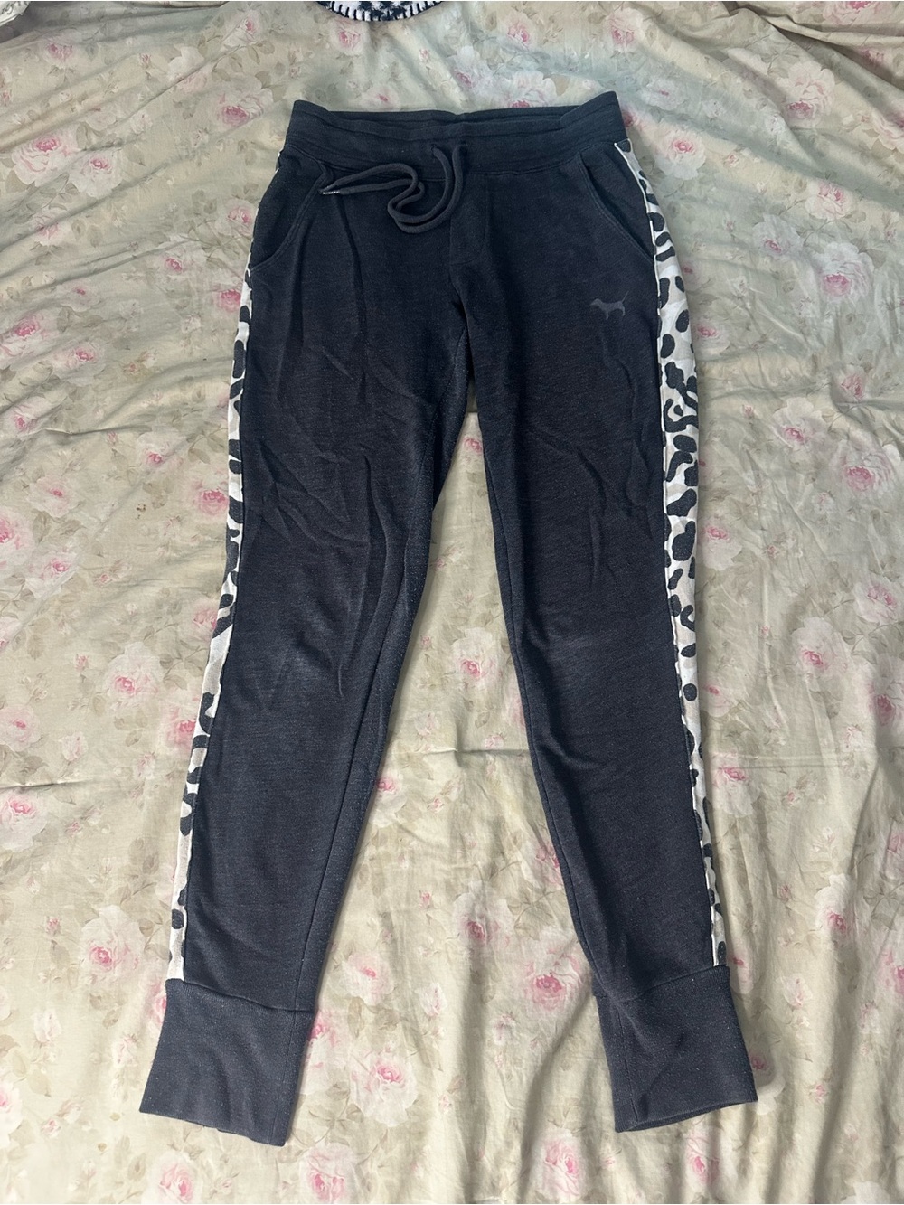 PINK Victoria's Secret Black Joggers with Leopard Side Stripe